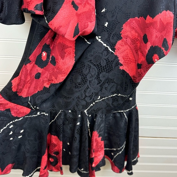 Saint Romei Vintage 80’s Dress Midi Pure Silk Black Red Floral Print Sz 10 - Picture 5 of 12